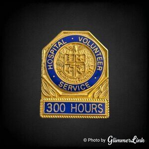 Vintage Hospital Volunteer Service Pin Blue Enamel Gold Tone 300 Hours Award